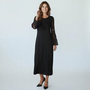 Vintage K Studio Black Maxi Dress Lace Bell Sleeves Fringe Detail Size 8 Witchy!